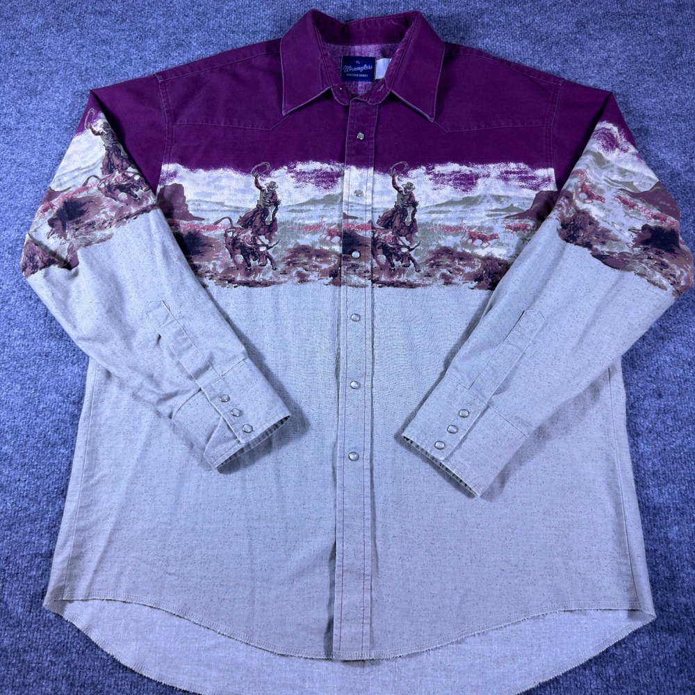 Vintage Wrangler Western Shirt Mens XL Purple Tan Pearl Snap Cowboy Scenic 90s